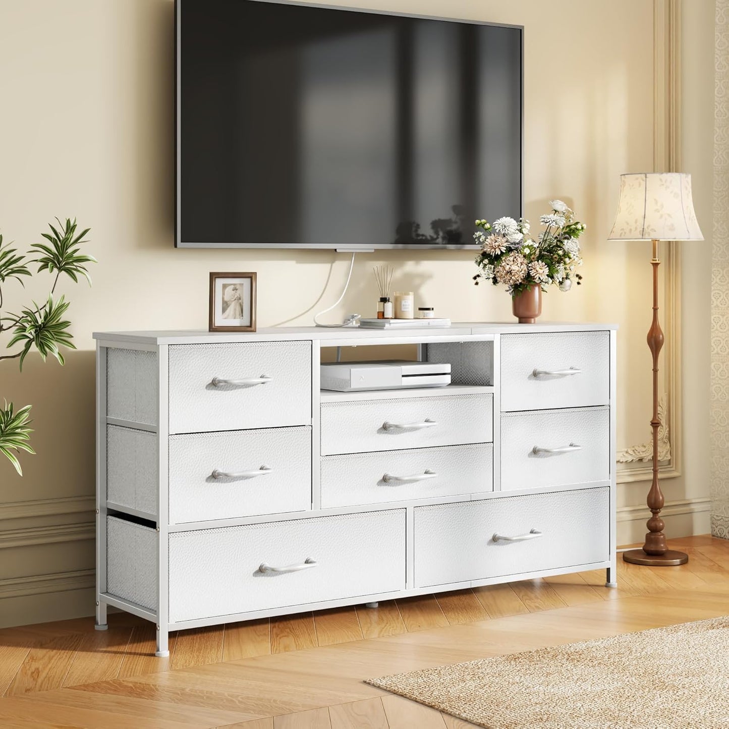Furnulem 45” Long Dresser for Bedroom, TV Stand with Storage, 8 Drawer Fabric Dresser with Charging Station, Entertainment Center & Chest of Drawers for Bedroom, Living Room, Hallway, Wood Top, White
