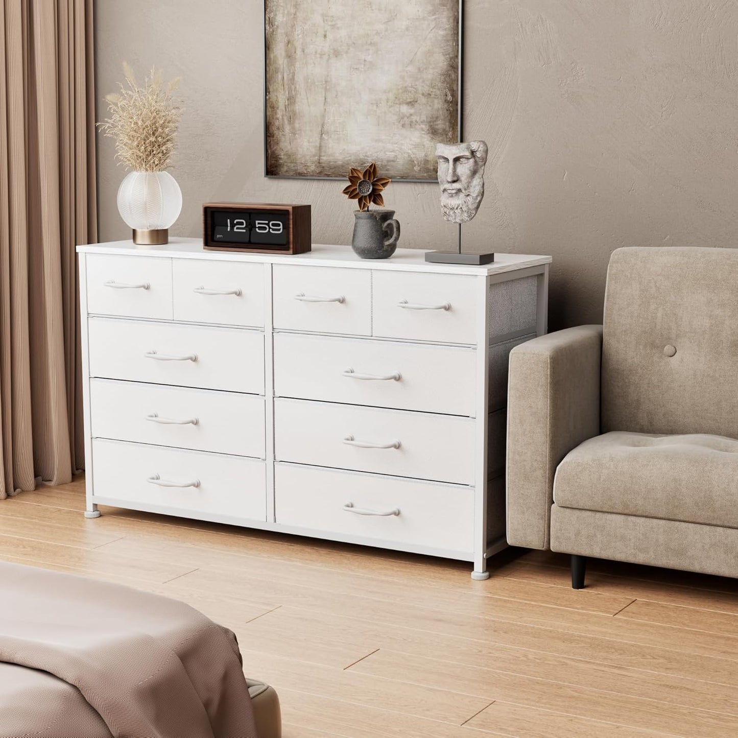 Furnulem Dresser for Bedroom with 10 Fabric Drawers, 45 Inch Long Dresser TV Stand, Entertainment Center with Storage, Dresses & Chests of Drawers for Closet, Living Room, Hallway, White