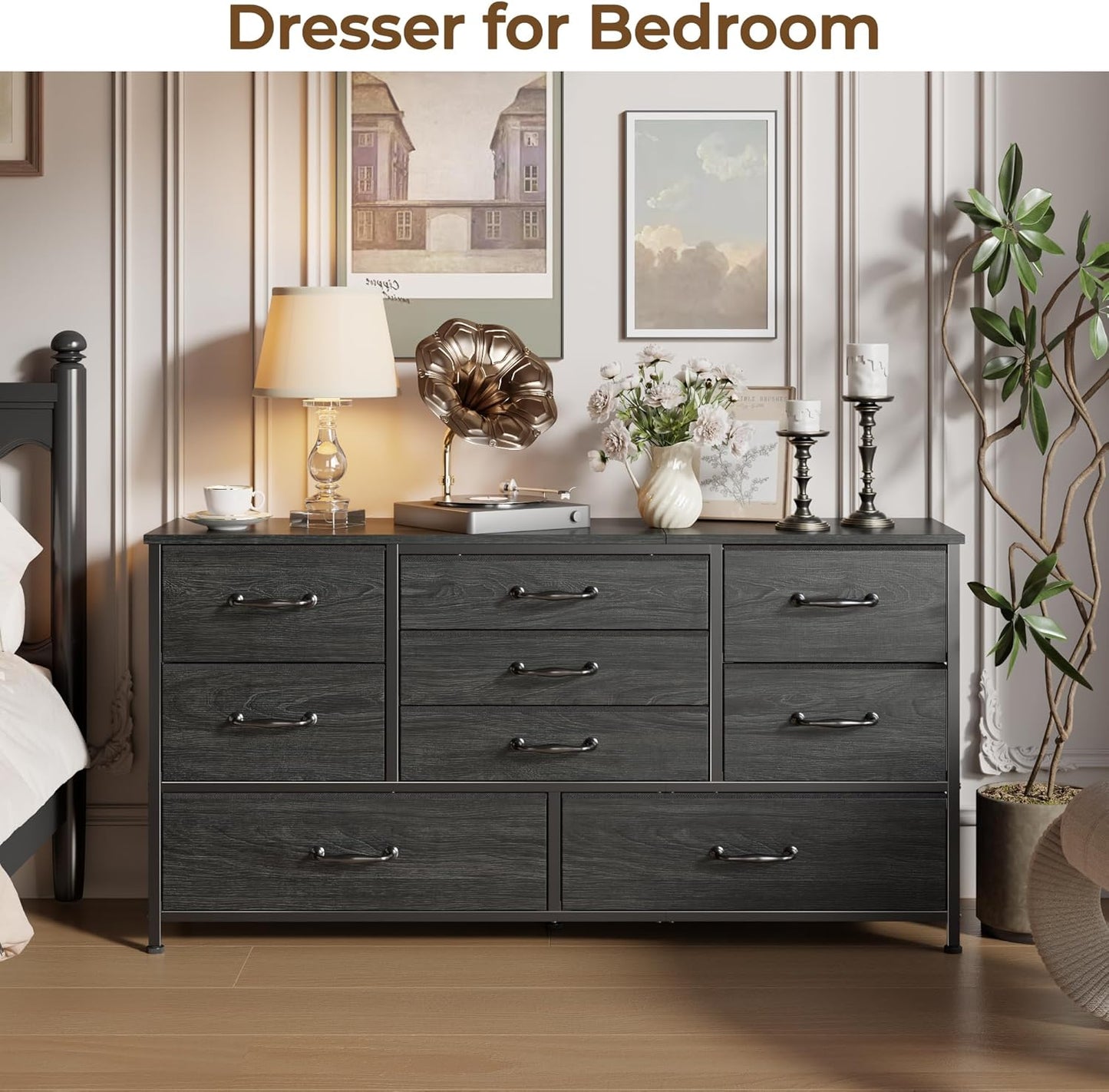 Furnulem 45” Long Dresser for Bedroom, Fabric Dresser with 9 Drawers, TV Stand with Storage, Chest of Drawers for Organization, Closet, Bedroom, Living Room, Hallway, Wood Top, Black