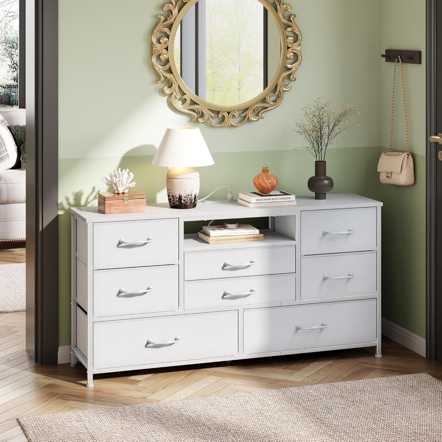 Furnulem 45” Long Dresser for Bedroom, TV Stand with Storage, 8 Drawer Fabric Dresser with Charging Station, Entertainment Center & Chest of Drawers for Bedroom, Living Room, Hallway, Wood Top, White