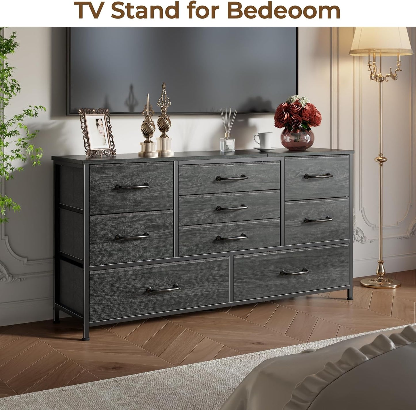 Furnulem 45” Long Dresser for Bedroom, Fabric Dresser with 9 Drawers, TV Stand with Storage, Chest of Drawers for Organization, Closet, Bedroom, Living Room, Hallway, Wood Top, Black
