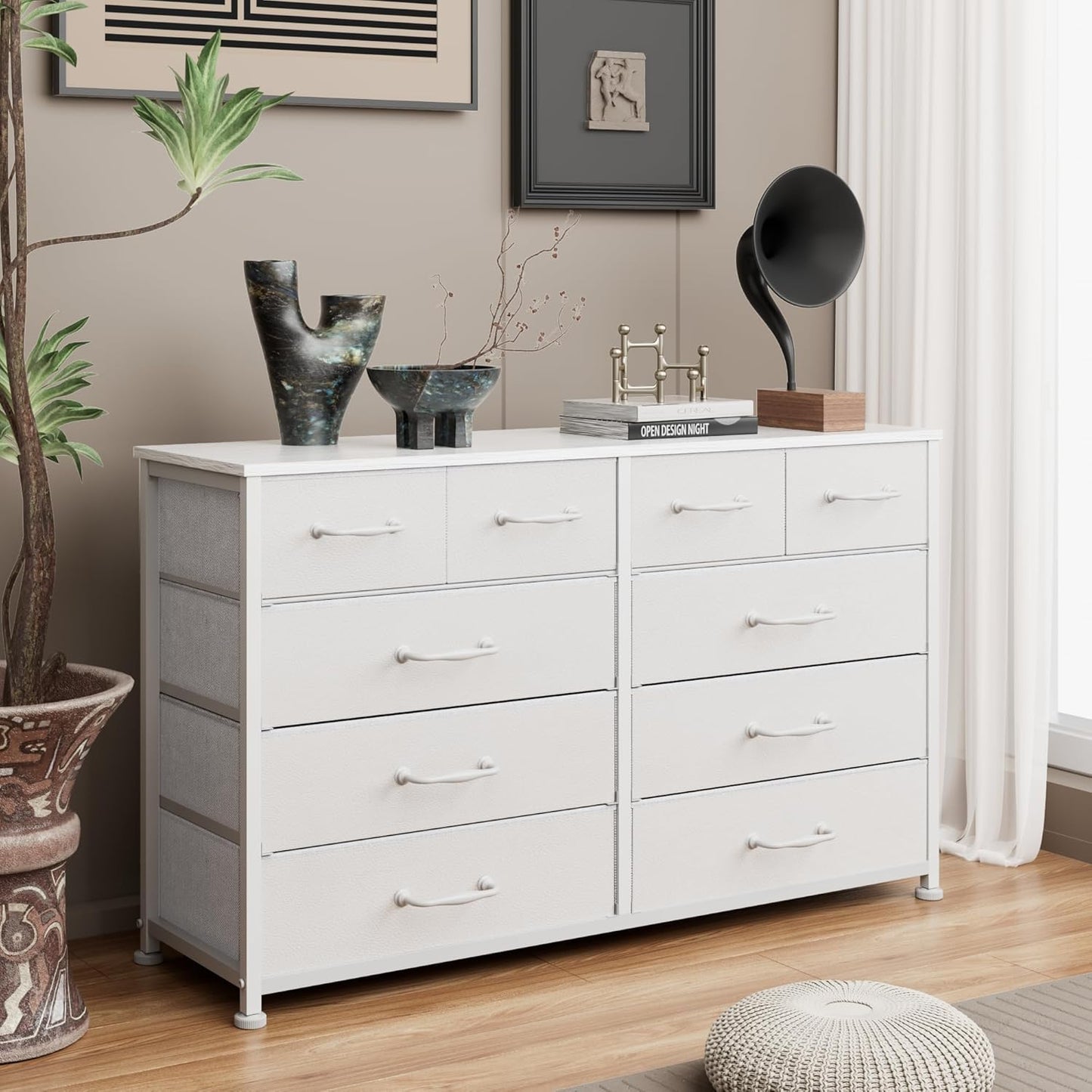 Furnulem Dresser for Bedroom with 10 Fabric Drawers, 45 Inch Long Dresser TV Stand, Entertainment Center with Storage, Dresses & Chests of Drawers for Closet, Living Room, Hallway, White