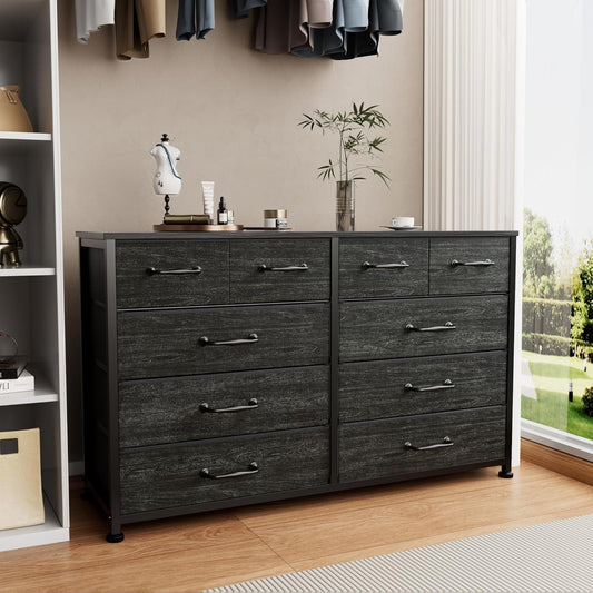 Furnulem Dresser for Bedroom with 10 Fabric Drawers, 45 Inch Long Dresser TV Stand, Entertainment Center with Storage, Dresses & Chests of Drawers for Closet, Living Room, Hallway, Black Oak