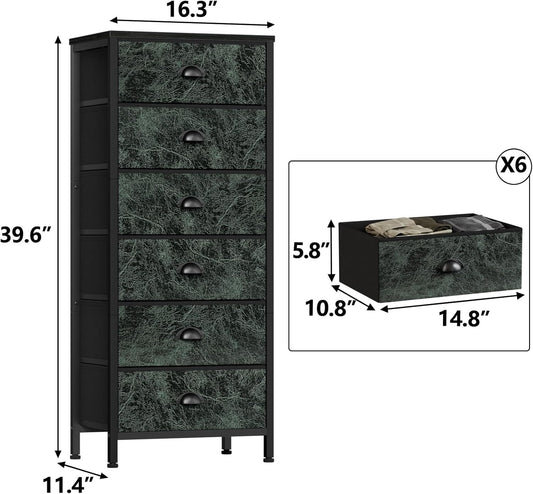 Furnulem Vertical Dresser for Bedroom,Tall Storage Tower Unit and Chest with 6 Drawers,Vintage Green Nightstand Furniture with Fabric Drawer Organizer in Dorm, Living Room,Closet,Entryway,Hallyway