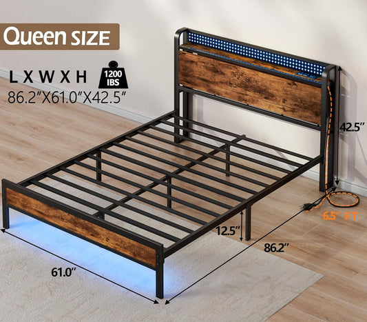Furnulem Queen Bed Frame with Headboard Storage, Bed Frame Queen Size with Charging Station and LED Lights No Box Spring Needed,Heavy Duty Steel Slats,Noise Free