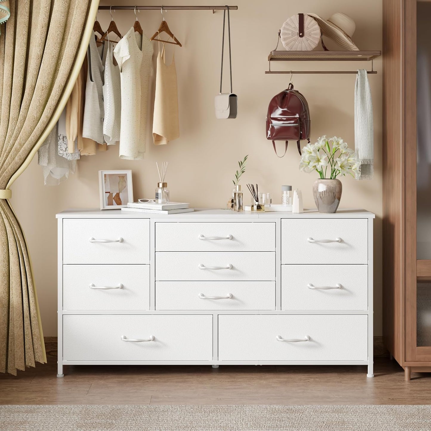 Furnulem 45” Long Dresser for Bedroom, Fabric Dresser with 9 Drawers, TV Stand with Storage, Chest of Drawers for Organization, Closet, Bedroom, Living Room, Hallway, Wood Top,White