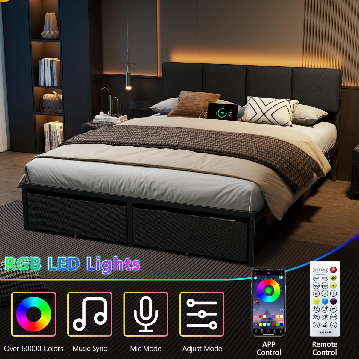 Queen Bed Frame with Upholstered Headboard and 2 Storage Drawers Metal Platform Bed with Charging Station, LED Lights and Fabric Drawers, Noise Free, Easy Assembly, No Box Spring Needed