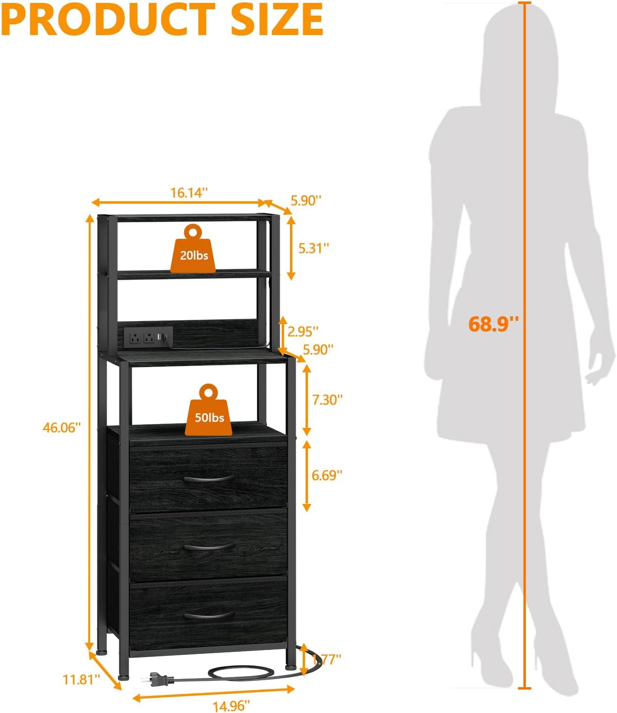 Furnulem Night Stand, Tall Nightstand with 4-Tier Shelves and 3 Fabric Drawers, LED Bed Side Tables with Charging Station, Bedside Table for Bedroom, Hallway, Home Office, Black Oak