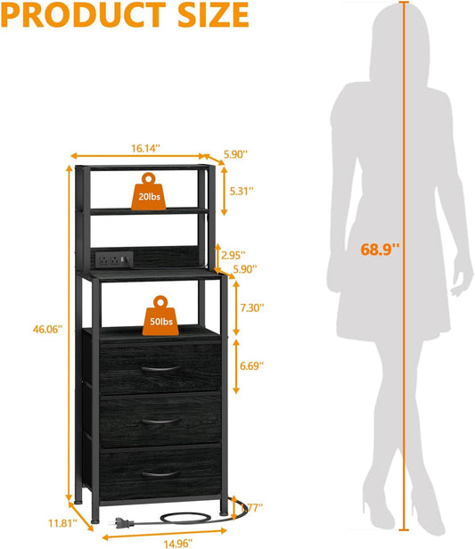 Furnulem Night Stand, Tall Nightstand with 4-Tier Shelves and 3 Fabric Drawers, LED Bed Side Tables with Charging Station, Bedside Table for Bedroom, Hallway, Home Office, Black Oak