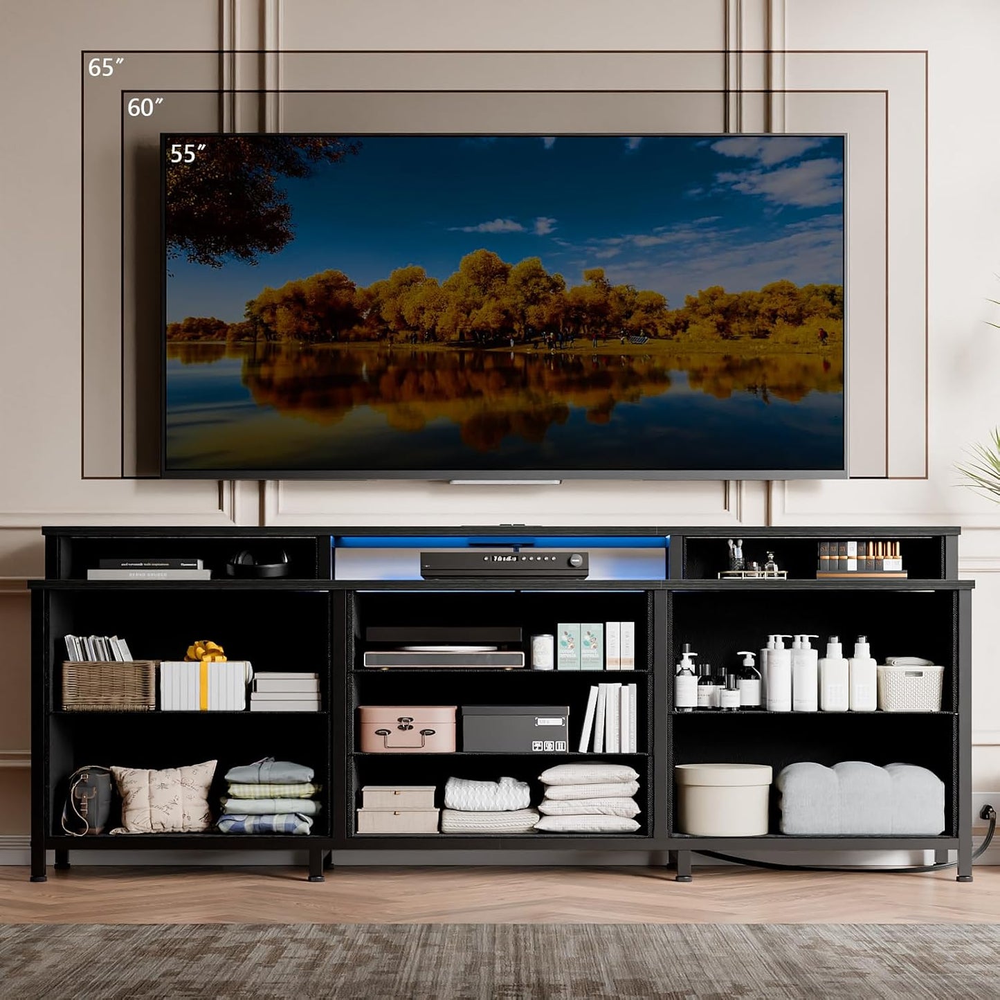 Furnulem Dresser, Black Dresser for Bedroom with 9 Storage Organizer Drawers and Open Shelf, 63" Entertainment Center with LED Lights and Charging Station, Chest of Drawers for Living Room Bedroom