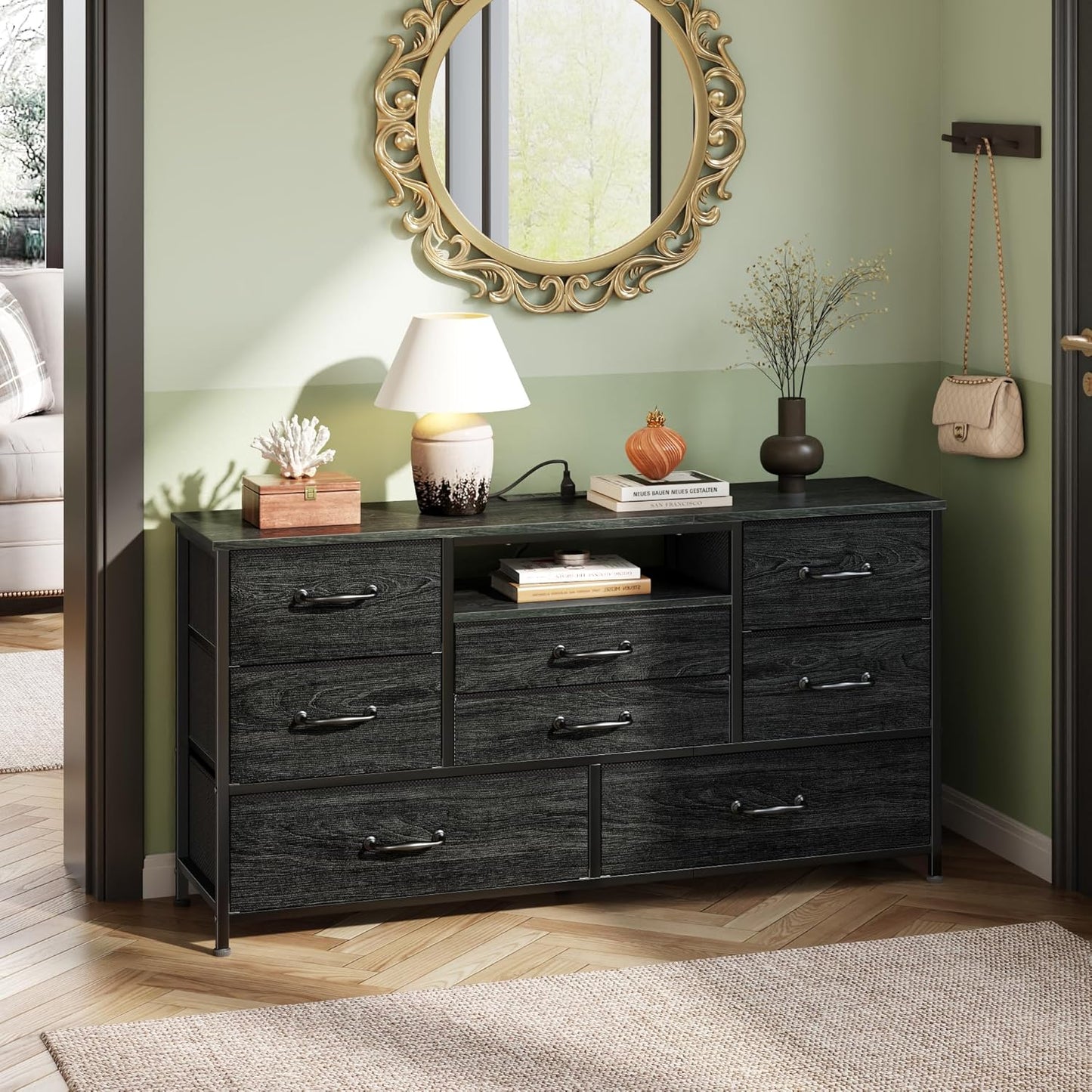 Furnulem 45” Long Dresser for Bedroom, TV Stand with Storage, 8 Drawer Fabric Dresser with Charging Station, Entertainment Center & Chest of Drawers for Bedroom, Living Room, Hallway, Wood Top, Black