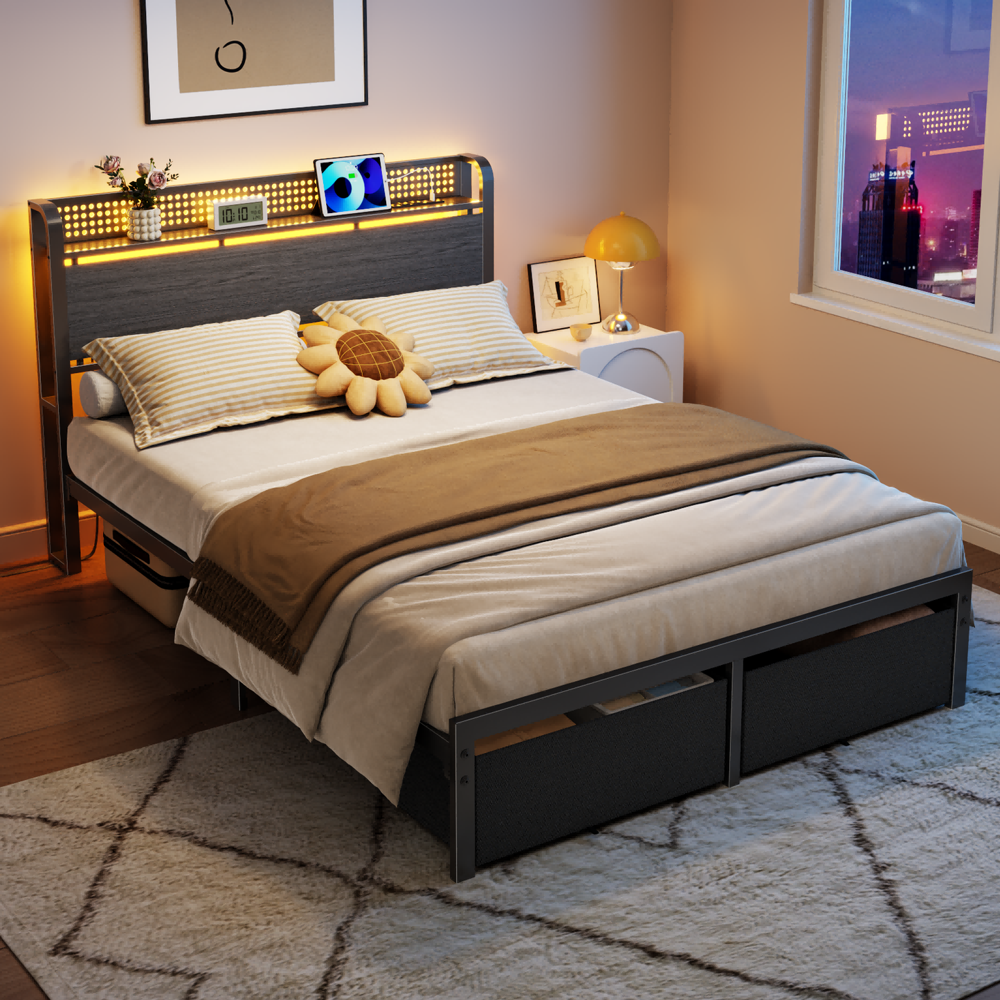Furnulem Full Size Bed Frame with Headboard Storage, Platform Bed Frame with Charging Station, 2 Drawers & LED Lights, No Box Spring Needed, Noise Free, Easy Assembly, Rustic Grey (1000 lbs Capacity)