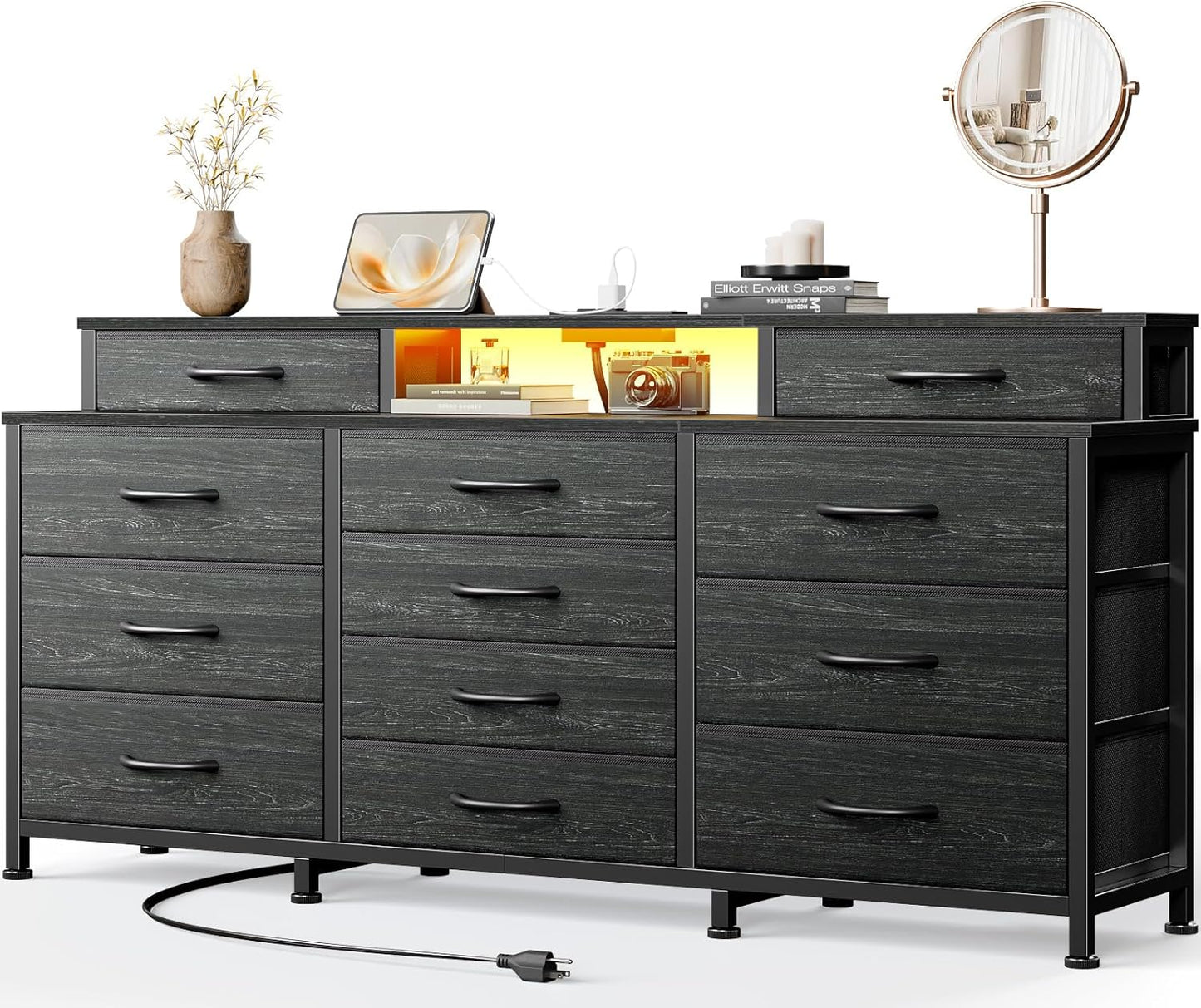 Furnulem Dresser with LED Lights & Charging Station, 55" Black Dresser for Bedroom with 12 Storage Organizer Drawers, Entertainment Center for Bedroom, Living Room, Closet, Wooden Top, Metal Frame