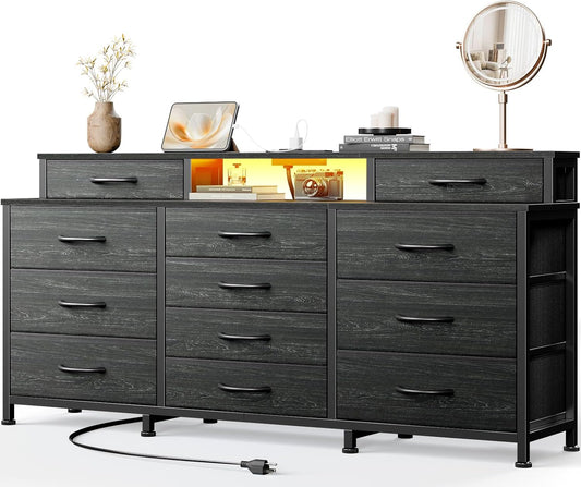 Furnulem Dresser with LED Lights & Charging Station, 55" Black Dresser for Bedroom with 12 Storage Organizer Drawers, Entertainment Center for Bedroom, Living Room, Closet, Wooden Top, Metal Frame
