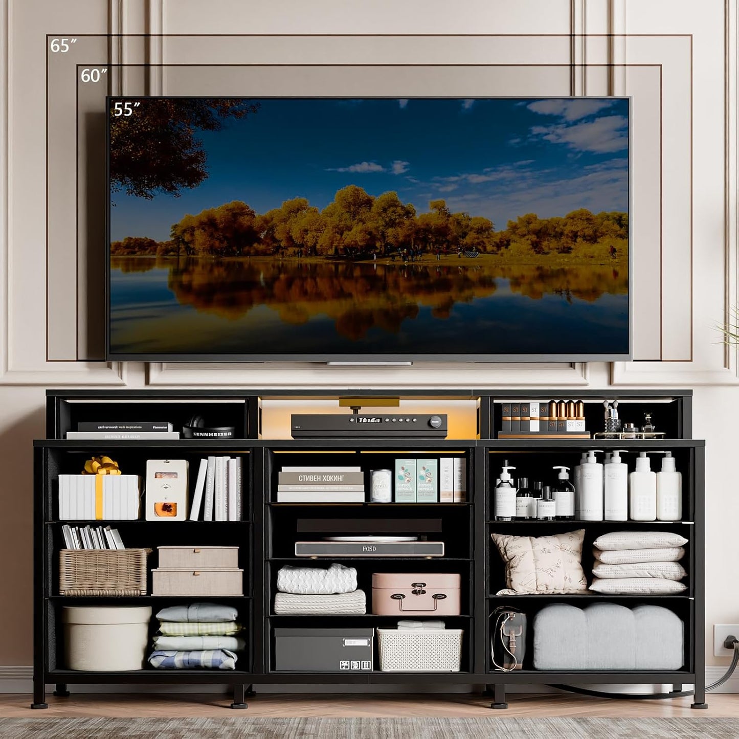 Furnulem Dresser with LED Lights & Charging Station, 55" Black Dresser for Bedroom with 12 Storage Organizer Drawers, Entertainment Center for Bedroom, Living Room, Closet, Wooden Top, Metal Frame