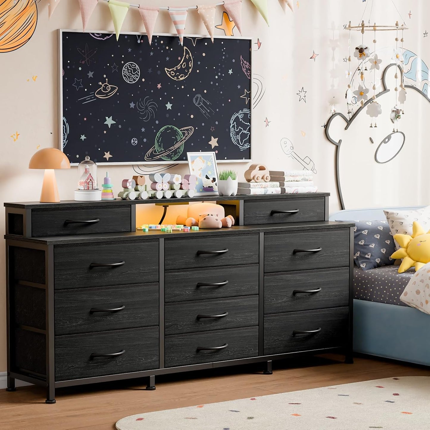 Furnulem Dresser with LED Lights & Charging Station, 55" Black Dresser for Bedroom with 12 Storage Organizer Drawers, Entertainment Center for Bedroom, Living Room, Closet, Wooden Top, Metal Frame