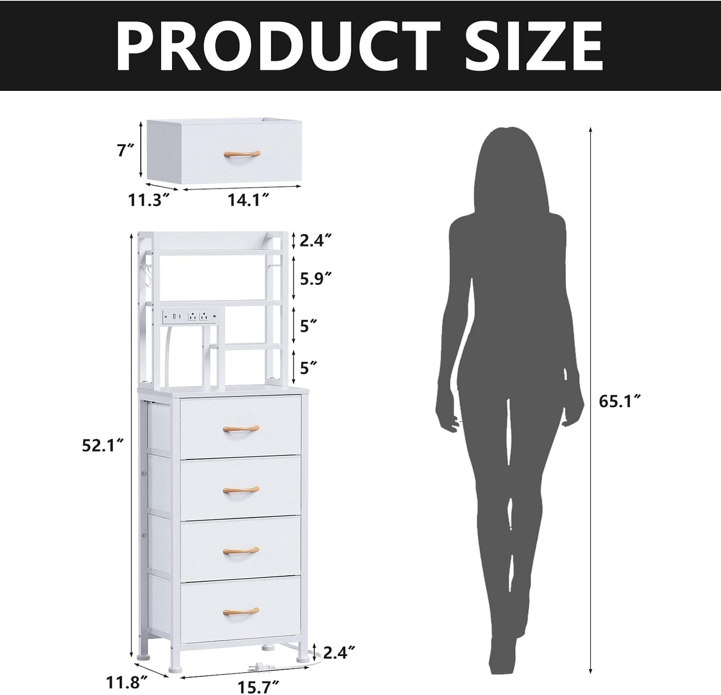 Furnulem Tall Night Stand, 52.1" LED White Nightstand with Charging Station