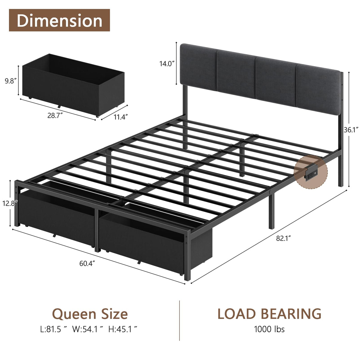 Queen Bed Frame with Upholstered Headboard and 2 Storage Drawers Metal Platform Bed with Charging Station, LED Lights and Fabric Drawers, Noise Free, Easy Assembly, No Box Spring Needed