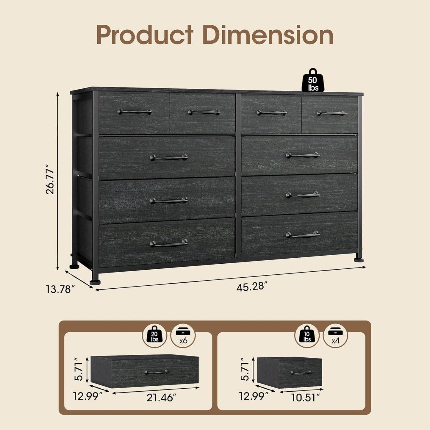 Furnulem Dresser for Bedroom with 10 Fabric Drawers, 45 Inch Long Dresser TV Stand, Entertainment Center with Storage, Dresses & Chests of Drawers for Closet, Living Room, Hallway, Black Oak