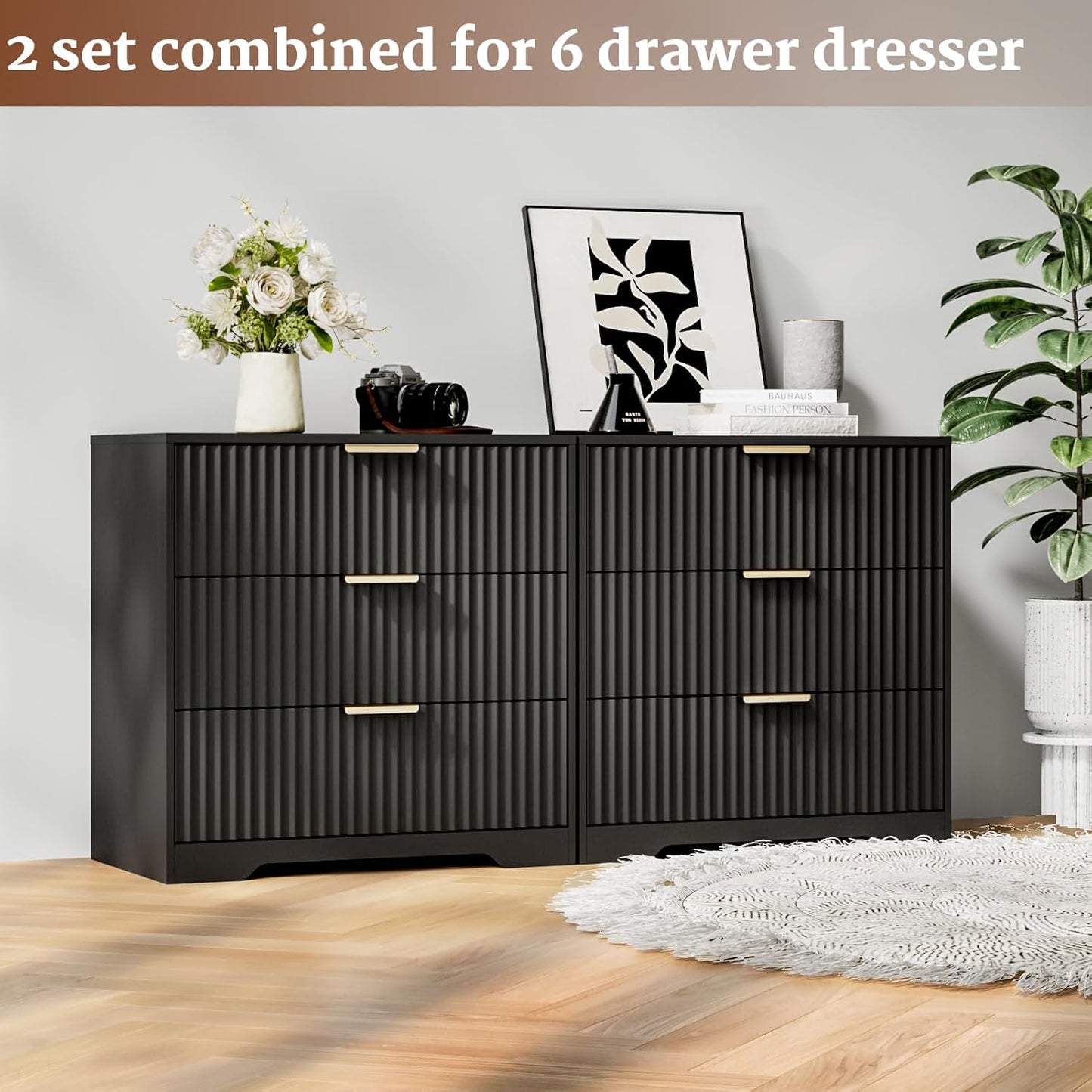 Furnulem Fluted 3-Drawer Night Stand, Black Modern Bedroom Side Table with Elegant Design – Compact Bedside Table for Small & Large Bedrooms