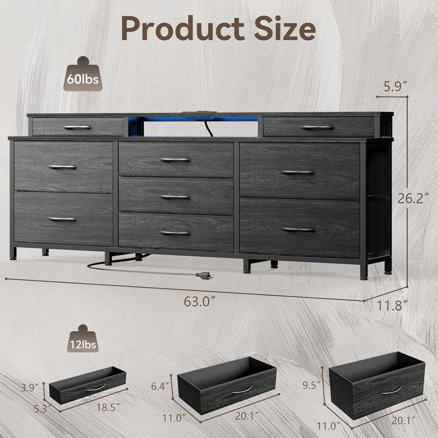 Furnulem Dresser, Black Dresser for Bedroom with 9 Storage Organizer Drawers and Open Shelf, 63" Entertainment Center with LED Lights and Charging Station, Chest of Drawers for Living Room Bedroom