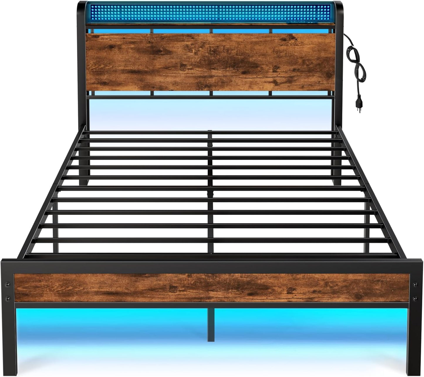 Furnulem Queen Bed Frame with Headboard Storage, Bed Frame Queen Size with Charging Station and LED Lights No Box Spring Needed,Heavy Duty Steel Slats,Noise Free