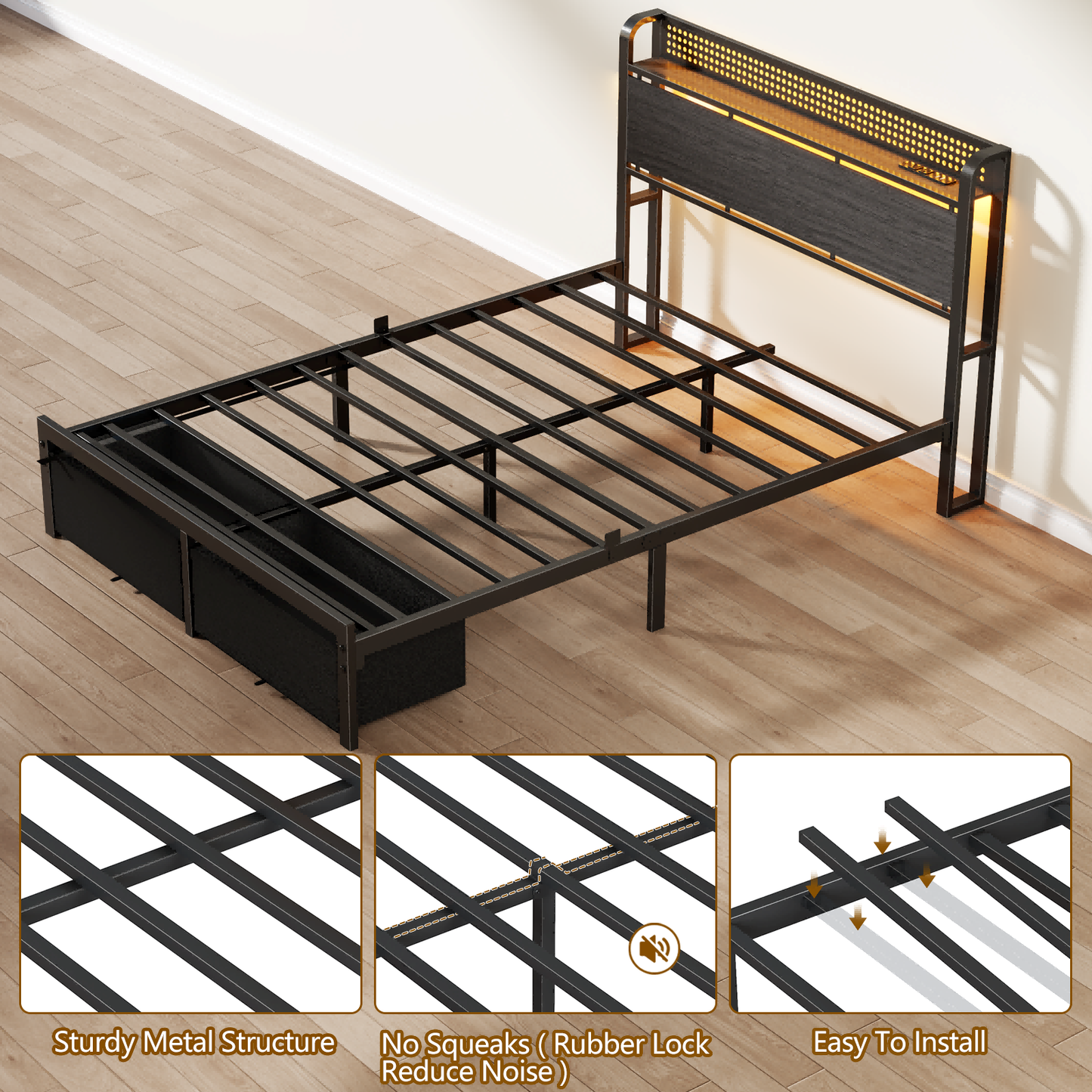 Furnulem Full Size Bed Frame with Headboard Storage, Platform Bed Frame with Charging Station, 2 Drawers & LED Lights, No Box Spring Needed, Noise Free, Easy Assembly, Rustic Grey (1000 lbs Capacity)