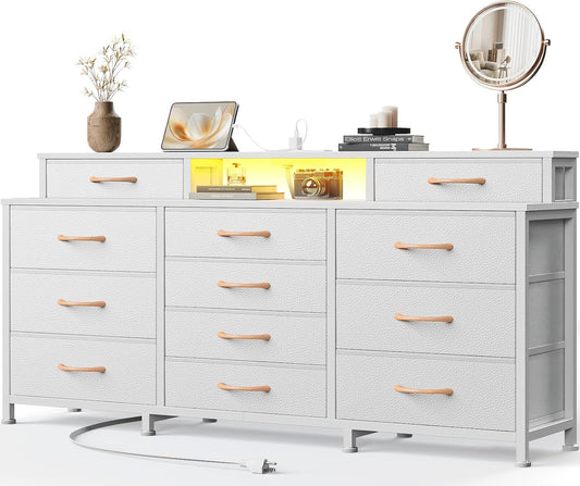 Furnulem Dresser for Bedroom with LED Lights & Charging Station, 55" Bedroom Dresser with 12 Storage Organizer Drawers, White Chest of Drawers for Bedroom, Living Room, Closet, Wooden Top, Metal Frame