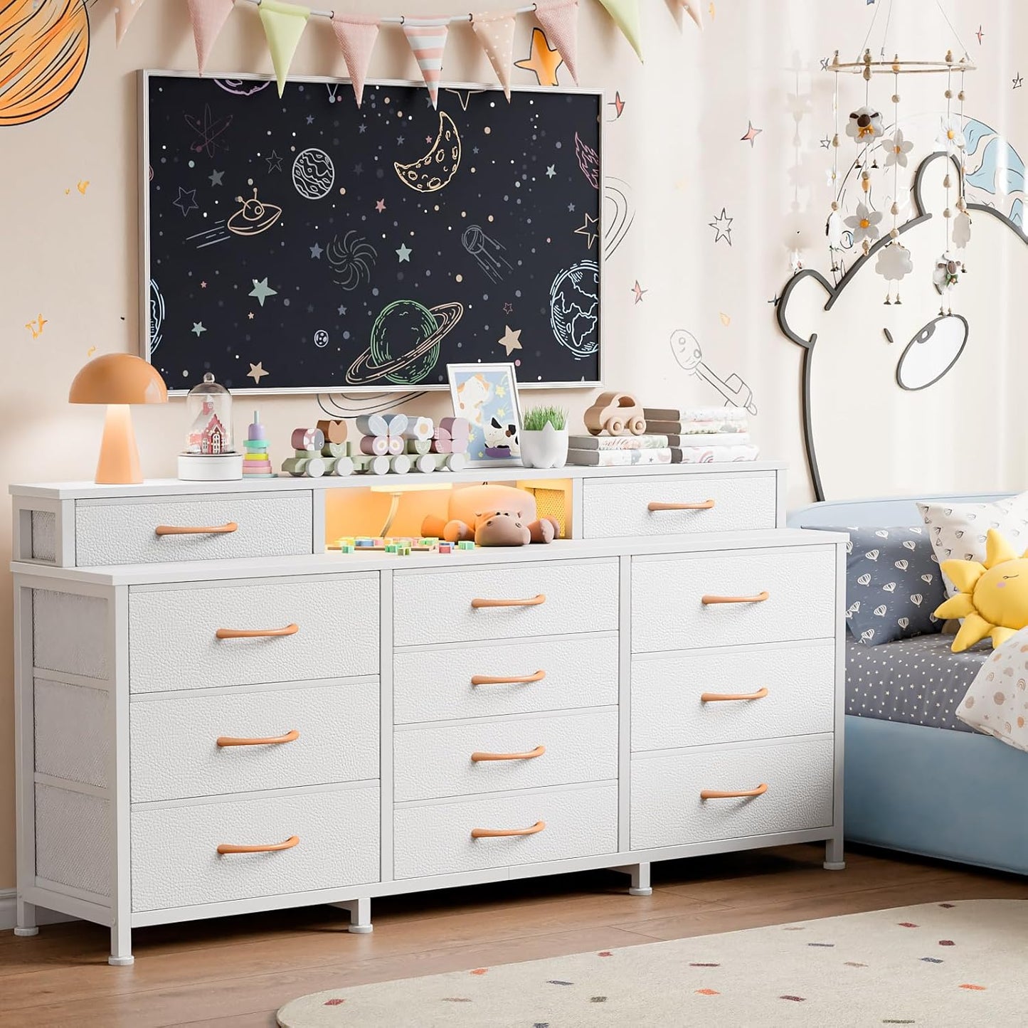 Furnulem Dresser for Bedroom with LED Lights & Charging Station, 55" Bedroom Dresser with 12 Storage Organizer Drawers, White Chest of Drawers for Bedroom, Living Room, Closet, Wooden Top, Metal Frame