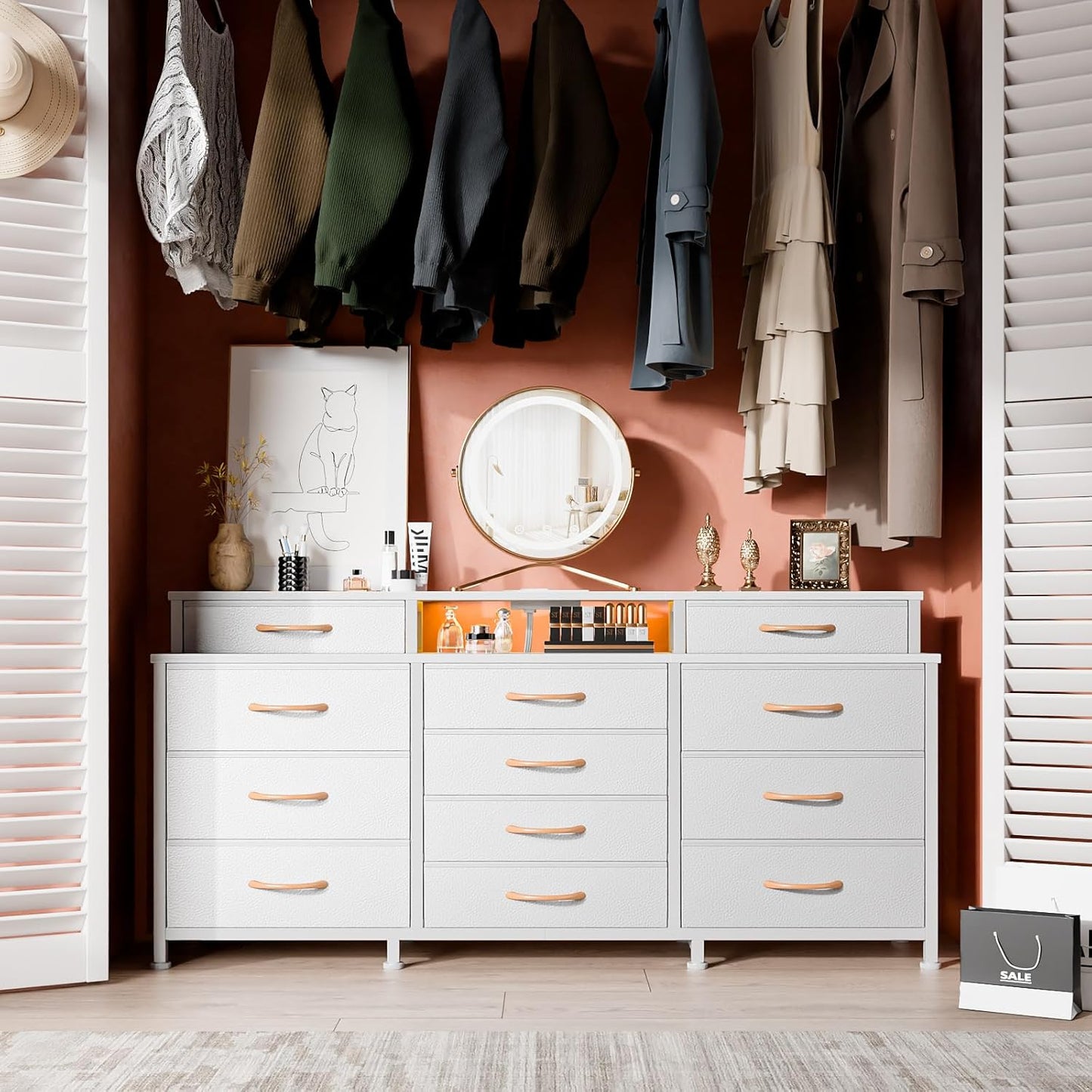 Furnulem Dresser for Bedroom with LED Lights & Charging Station, 55" Bedroom Dresser with 12 Storage Organizer Drawers, White Chest of Drawers for Bedroom, Living Room, Closet, Wooden Top, Metal Frame