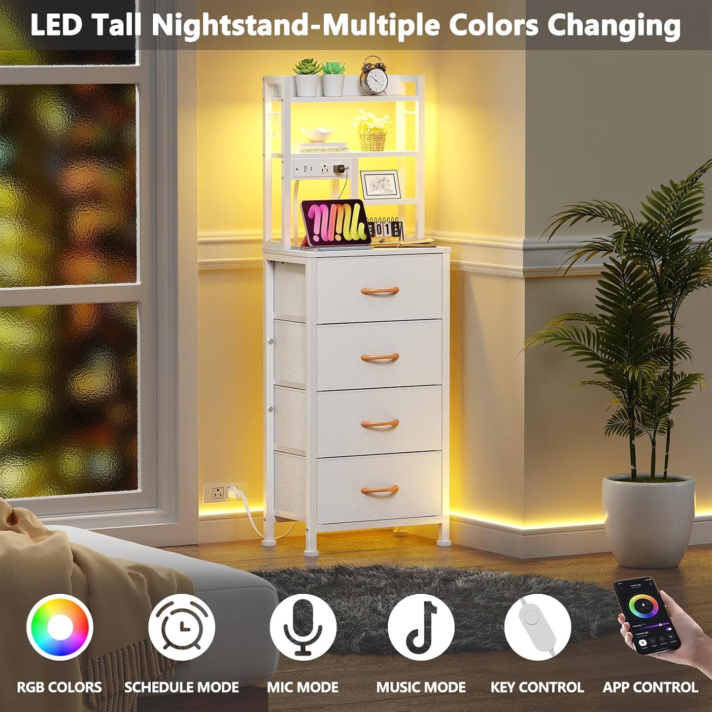 Furnulem Tall Night Stand, 52.1" LED White Nightstand with Charging Station