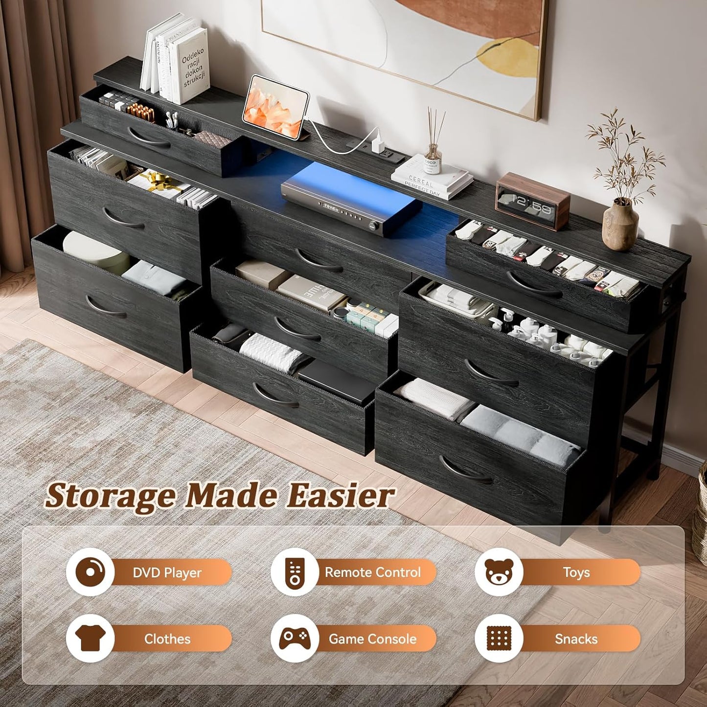 Furnulem Dresser, Black Dresser for Bedroom with 9 Storage Organizer Drawers and Open Shelf, 63" Entertainment Center with LED Lights and Charging Station, Chest of Drawers for Living Room Bedroom