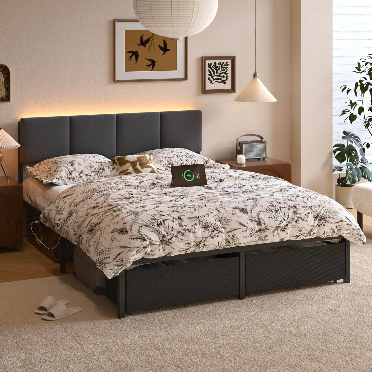 Queen Bed Frame with Upholstered Headboard and 2 Storage Drawers Metal Platform Bed with Charging Station, LED Lights and Fabric Drawers, Noise Free, Easy Assembly, No Box Spring Needed