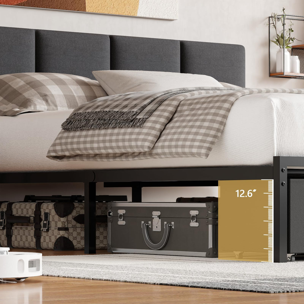 Queen Bed Frame with Upholstered Headboard and 2 Storage Drawers Metal Platform Bed with Charging Station, LED Lights and Fabric Drawers, Noise Free, Easy Assembly, No Box Spring Needed