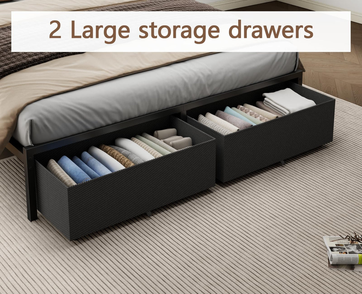 Queen Bed Frame with Upholstered Headboard and 2 Storage Drawers Metal Platform Bed with Charging Station, LED Lights and Fabric Drawers, Noise Free, Easy Assembly, No Box Spring Needed