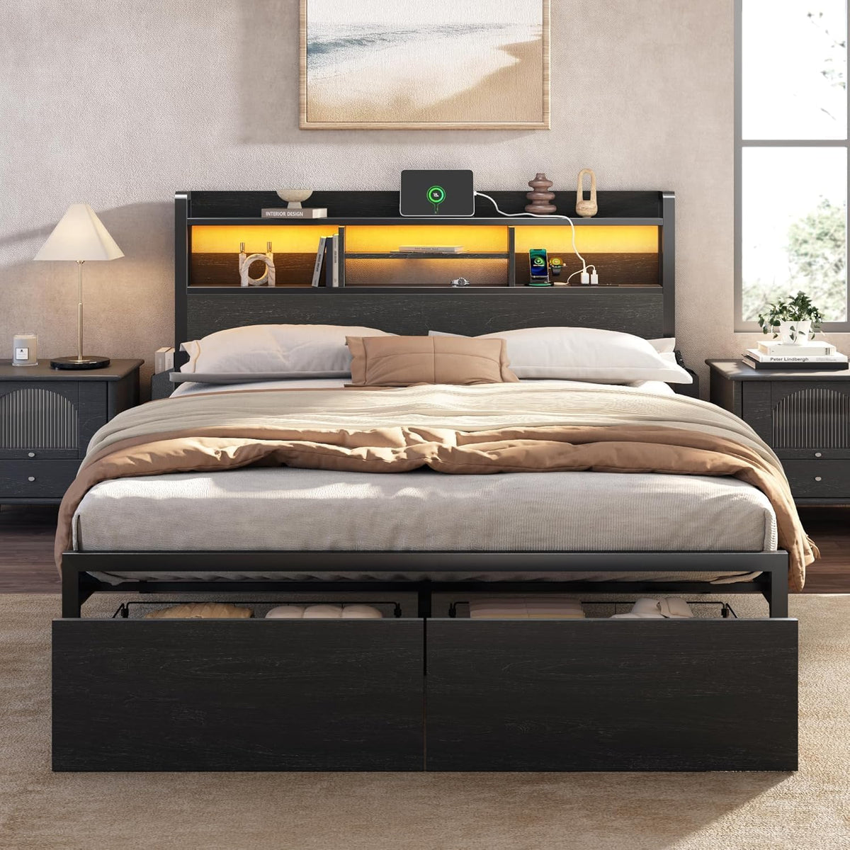 Full Size Bed Frame with Headboard and Charging Station,2 Drawers