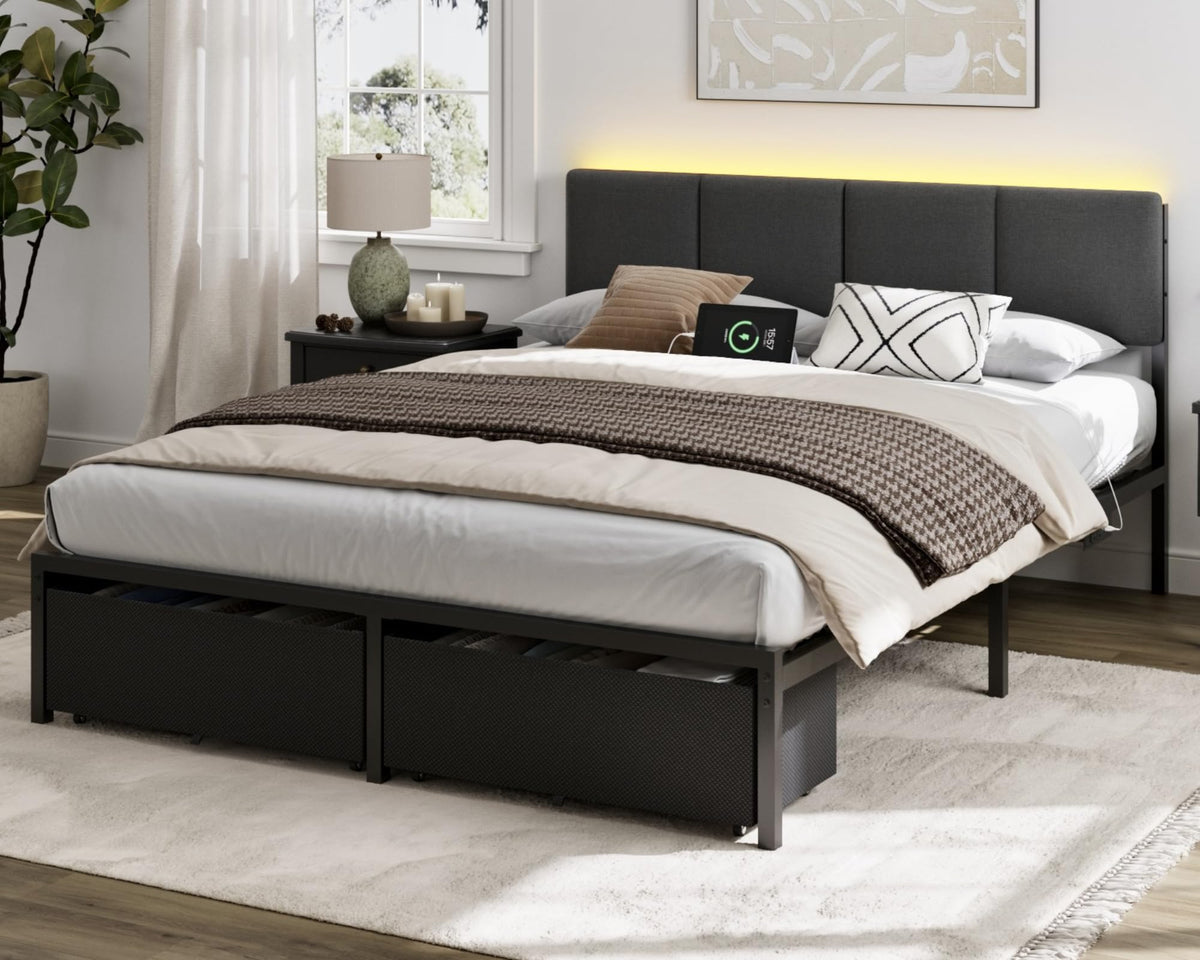 Queen Bed Frame with Upholstered Headboard and 2 Storage Drawers Metal Platform Bed with Charging Station, LED Lights and Fabric Drawers, Noise Free, Easy Assembly, No Box Spring Needed