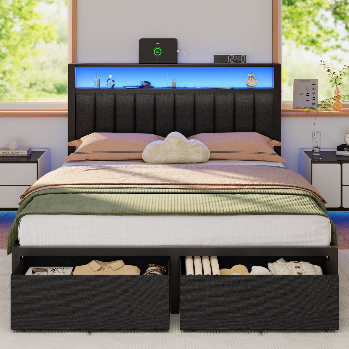Queen Bed Frame with Charging Station LED Lights 2 Storage Drawers and Upholstered Headboard