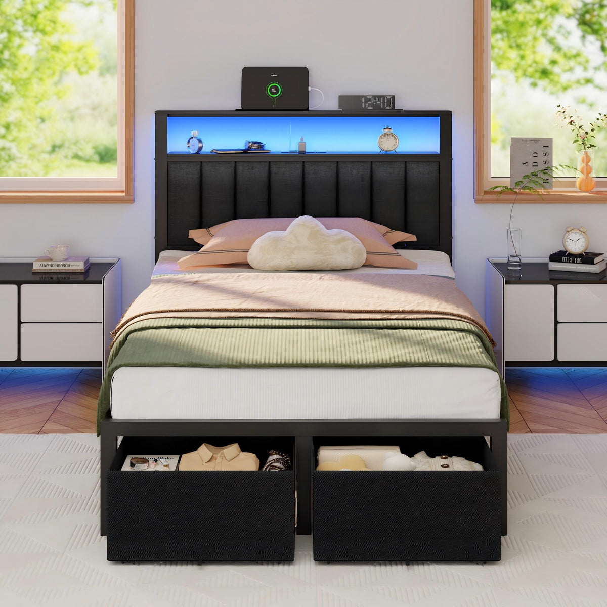 Twin Bed Frames with Charging Station LED Lights 2 Storage Drawers and Upholstered Headboard