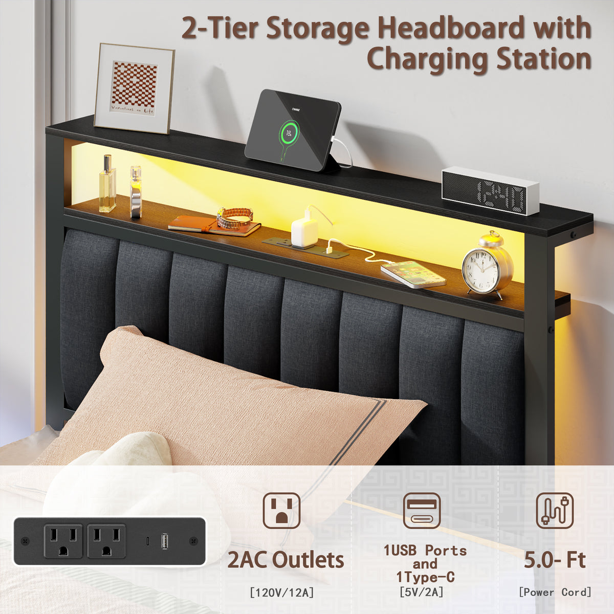 Twin Bed Frames with Charging Station LED Lights 2 Storage Drawers and Upholstered Headboard