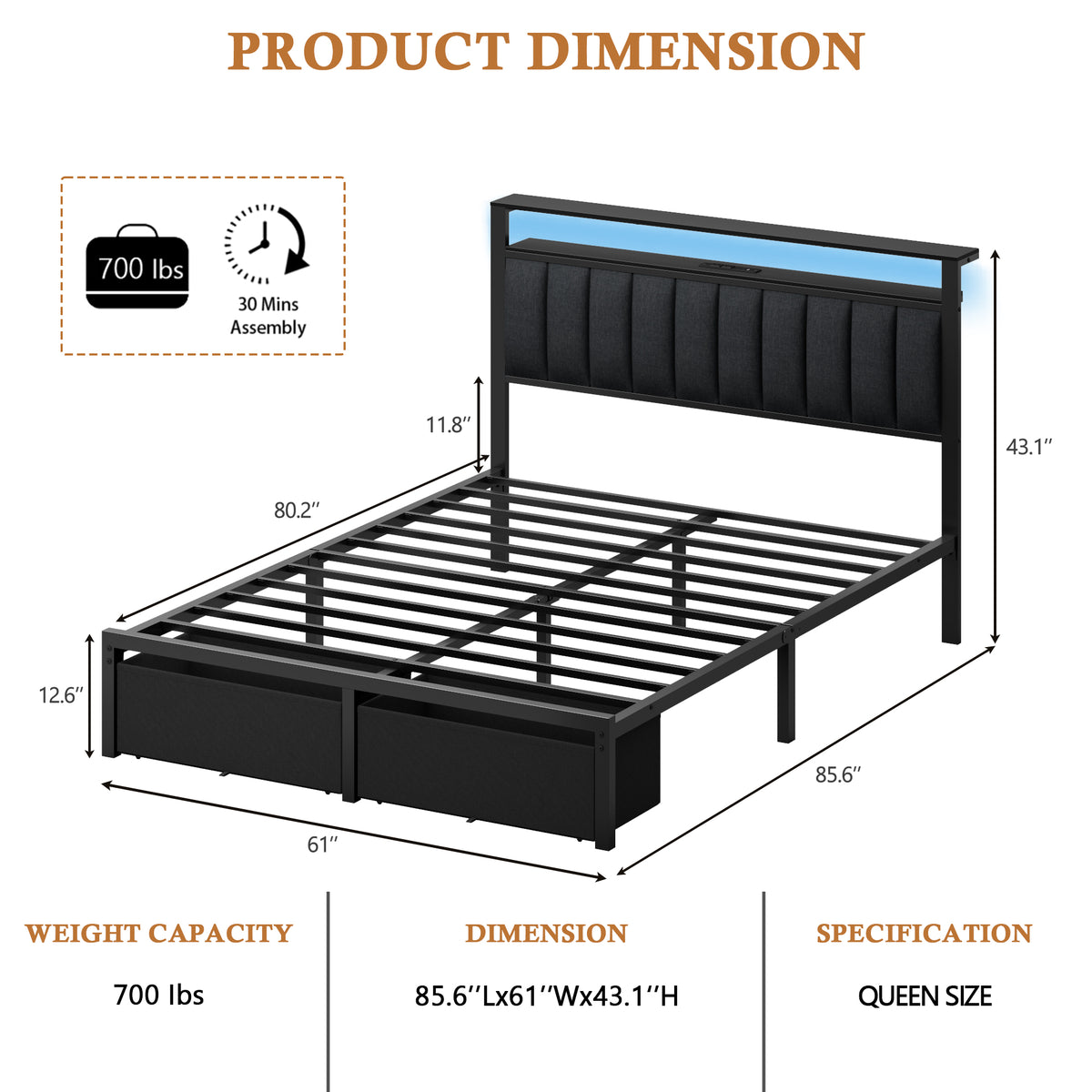 Queen Bed Frame with Charging Station LED Lights 2 Storage Drawers and Upholstered Headboard