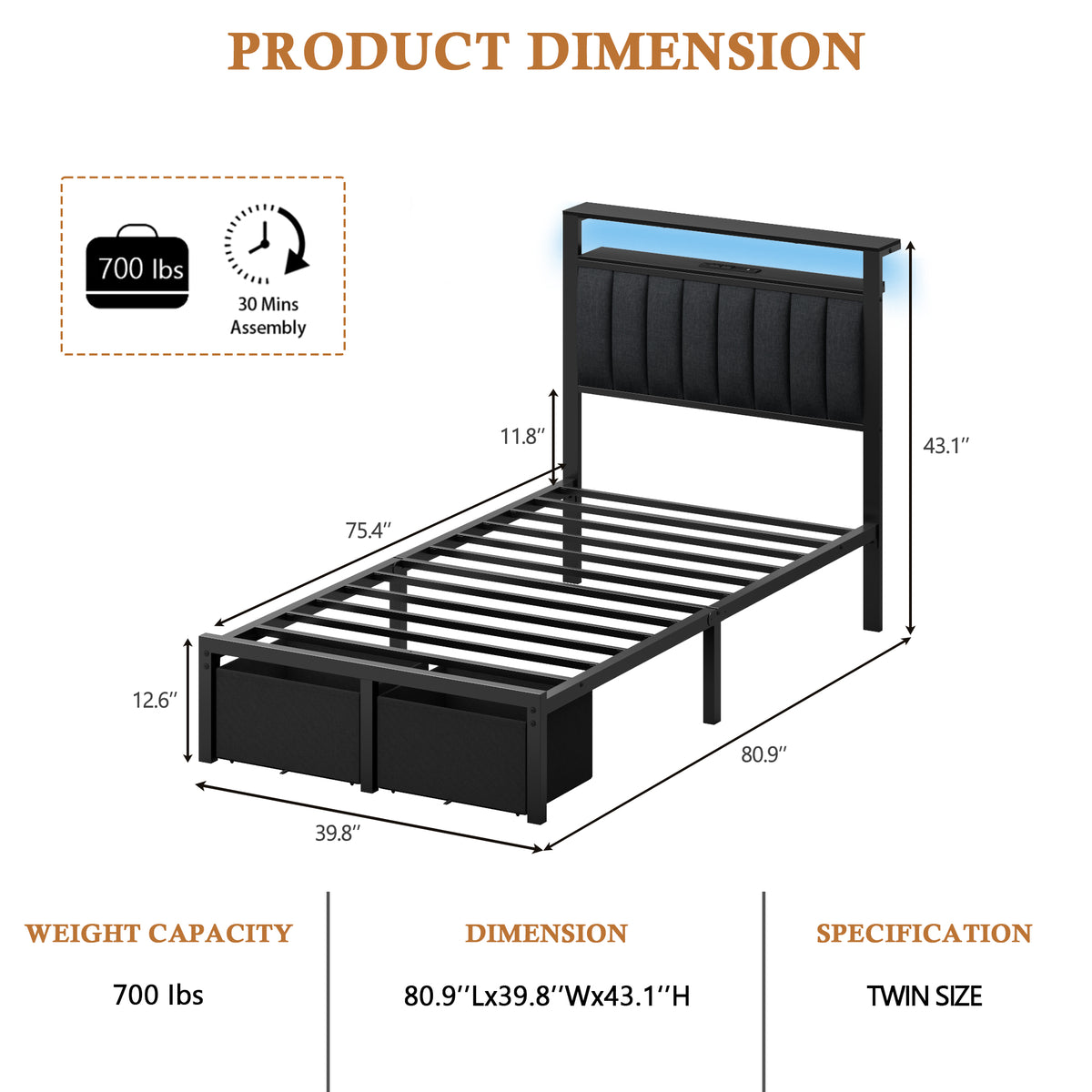 Twin Bed Frames with Charging Station LED Lights 2 Storage Drawers and Upholstered Headboard