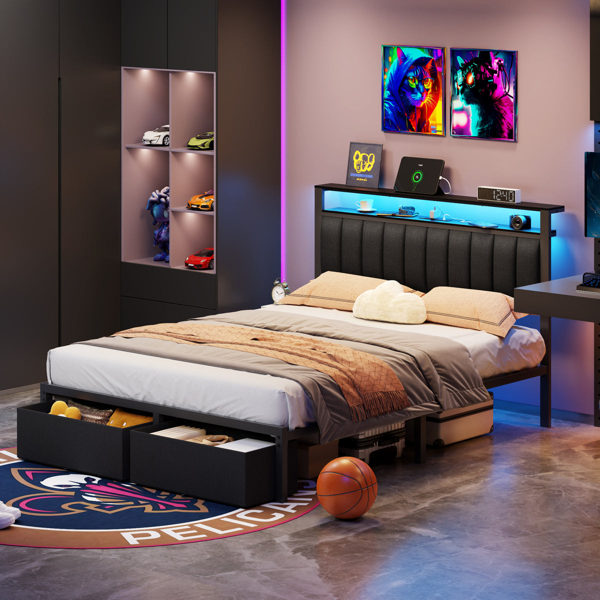 Queen Bed Frame with Charging Station LED Lights 2 Storage Drawers and Upholstered Headboard