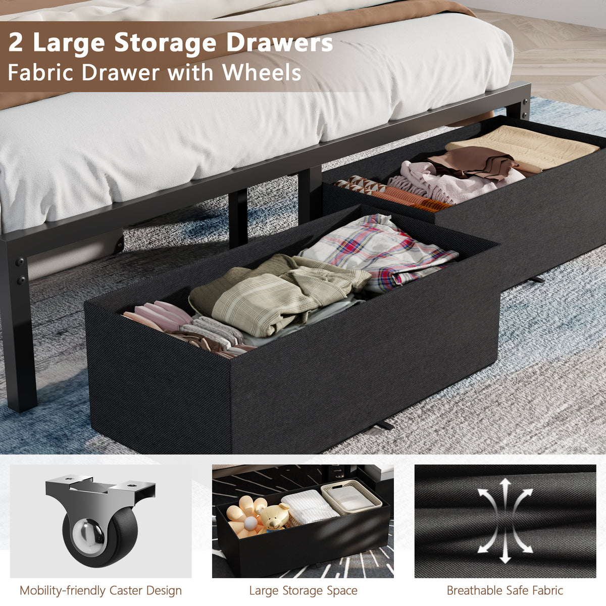 Queen Bed Frame with Charging Station LED Lights 2 Storage Drawers and Upholstered Headboard