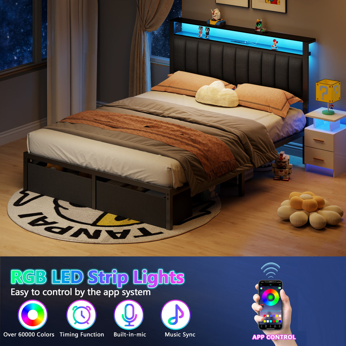 Queen Bed Frame with Charging Station LED Lights 2 Storage Drawers and Upholstered Headboard