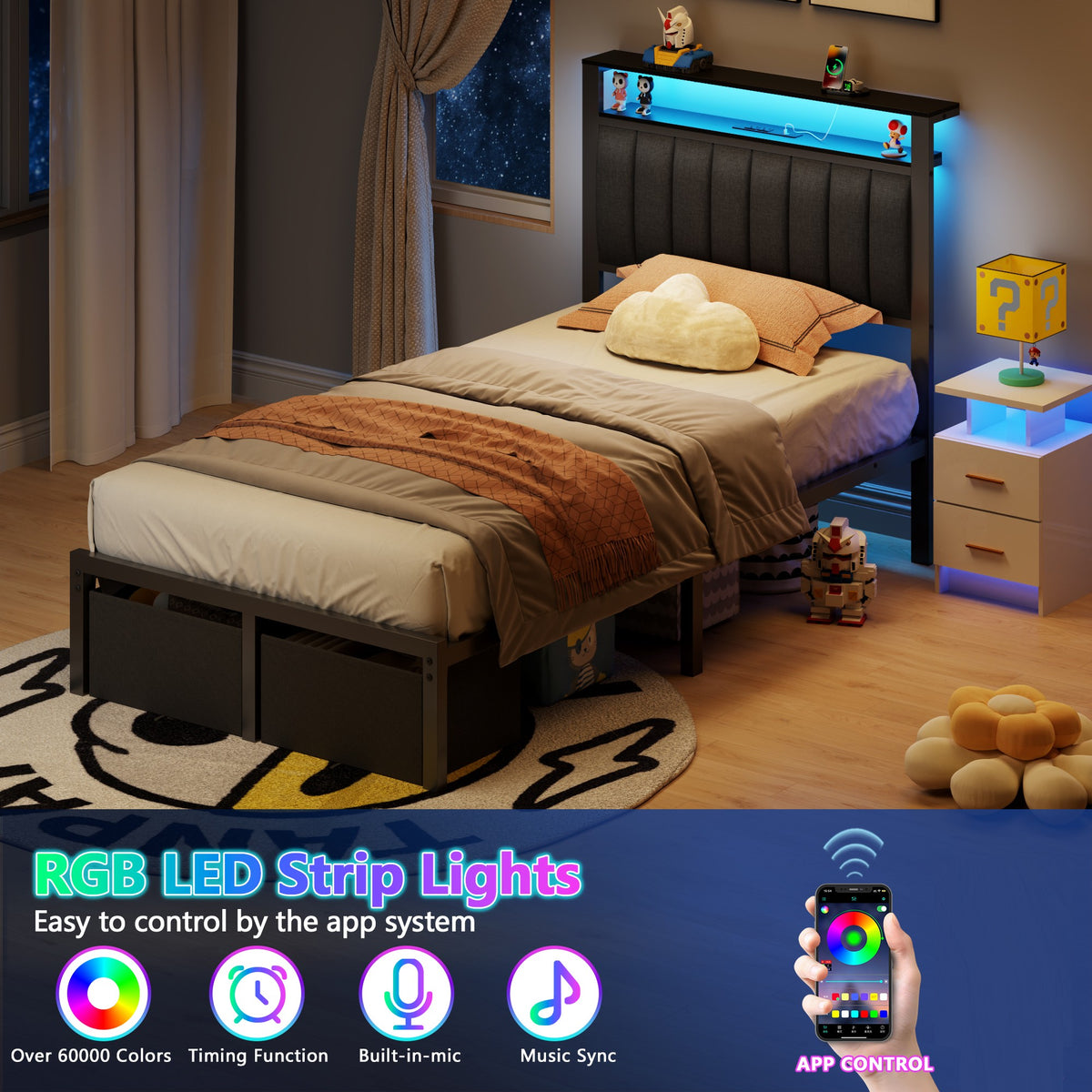 Twin Bed Frames with Charging Station LED Lights 2 Storage Drawers and Upholstered Headboard