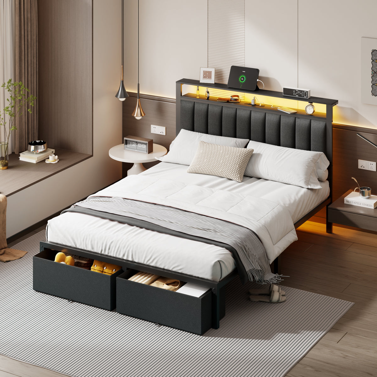 Queen Bed Frame with Charging Station LED Lights 2 Storage Drawers and Upholstered Headboard