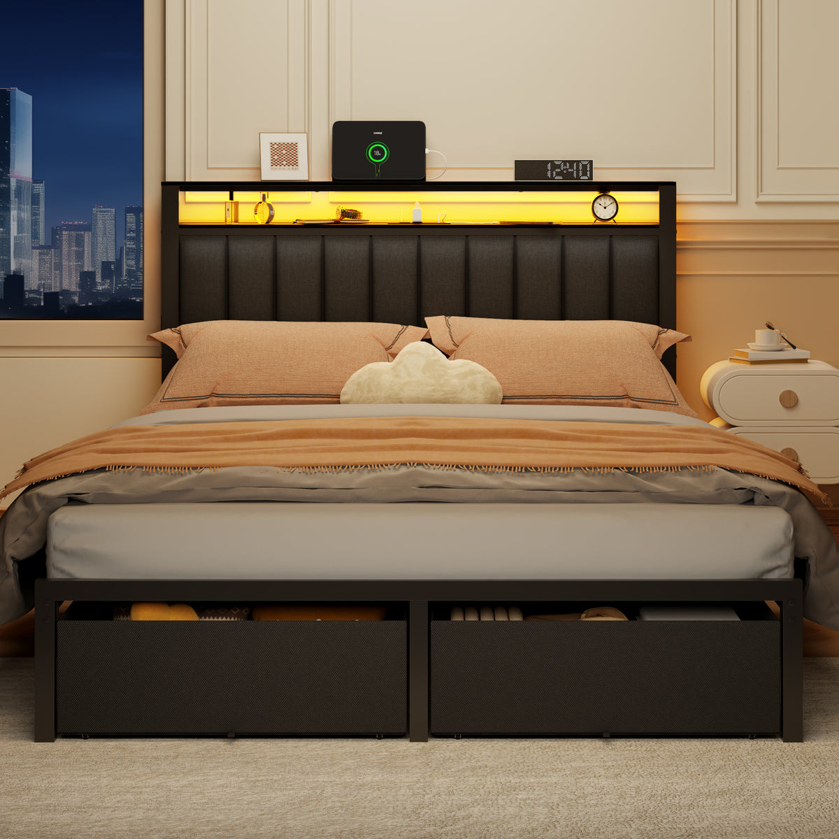 Queen Bed Frame with Charging Station LED Lights 2 Storage Drawers and Upholstered Headboard