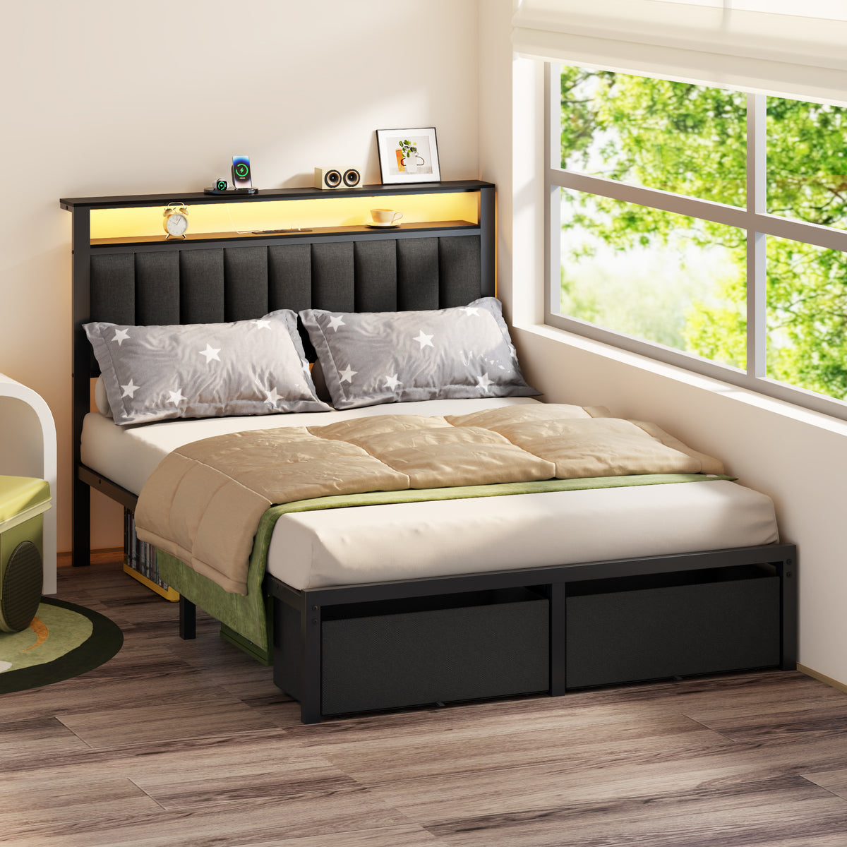 Full Size Bed Frame with Charging Station LED Lights 2 Storage Drawers and Upholstered Headboard