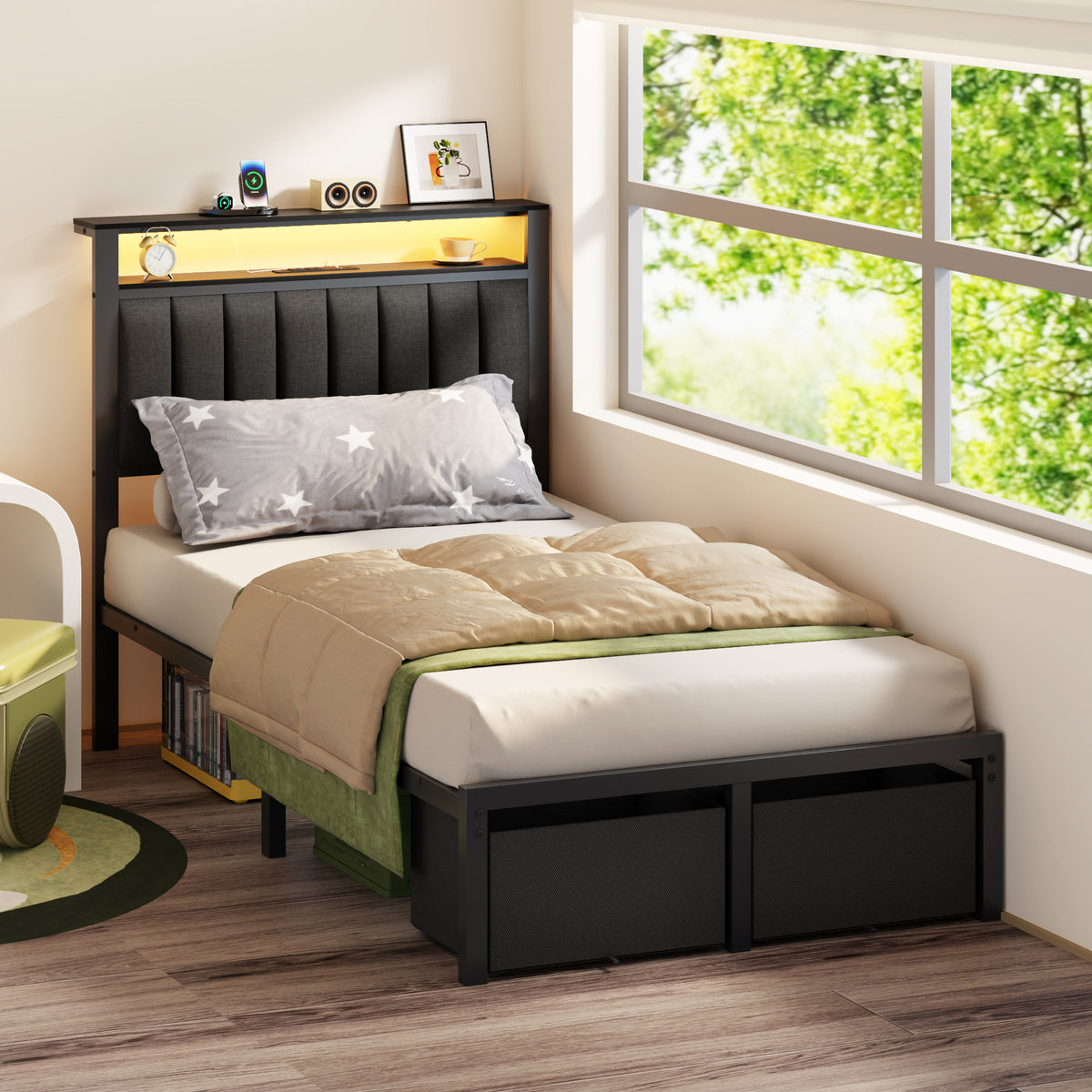 Twin Bed Frames with Charging Station LED Lights 2 Storage Drawers and Upholstered Headboard